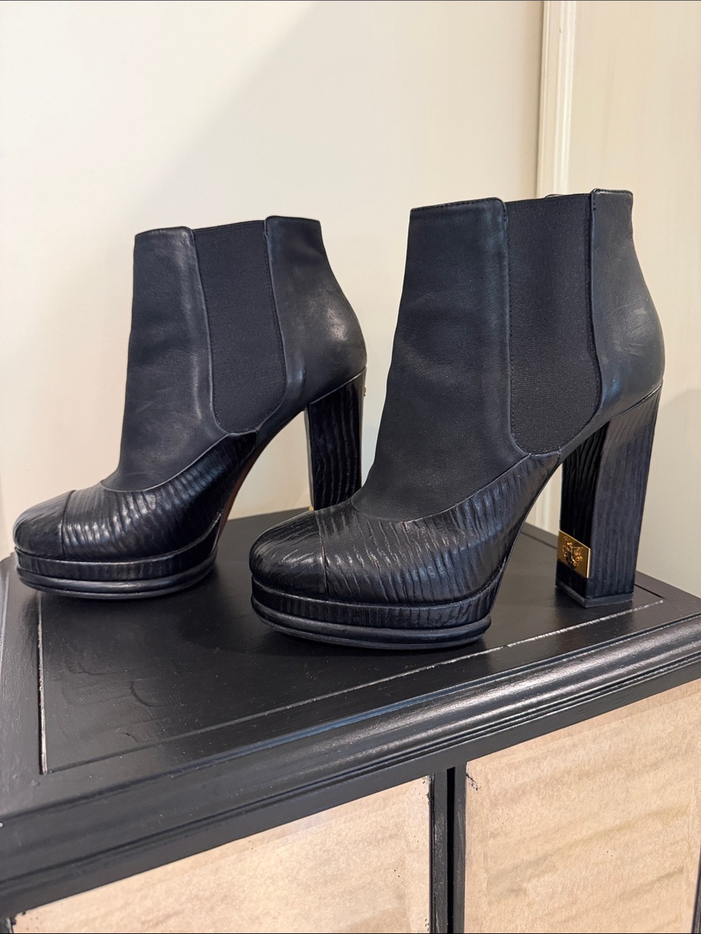 CHANEL Black Leather Platform Chelsea Ankle Boots